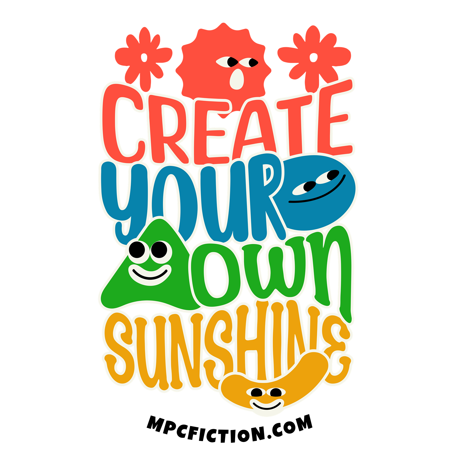 Sticker and magnet featuring colorful retro lettering with smiling characters
