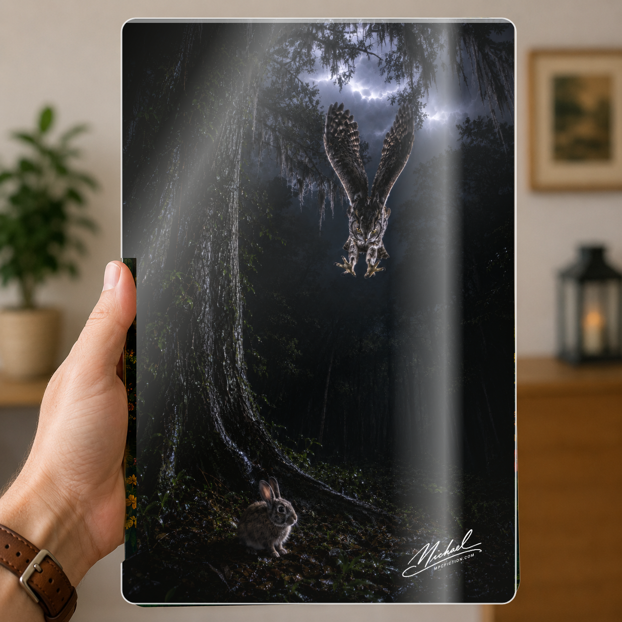 Strike | Owl Hunting Rabbit Wall Art, Lightning Storm Wildlife Scene