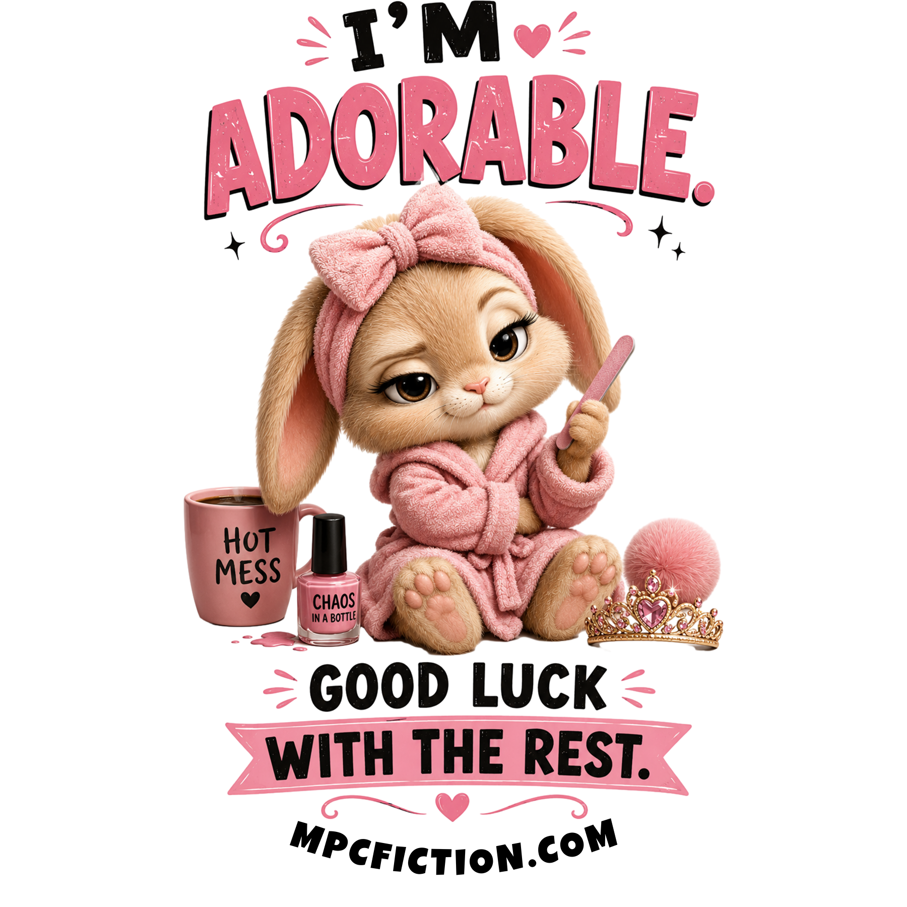 Vinyl sticker and magnet featuring a glam bunny in a pink spa robe holding a mirror with the quip I'm Adorable But Often Difficult