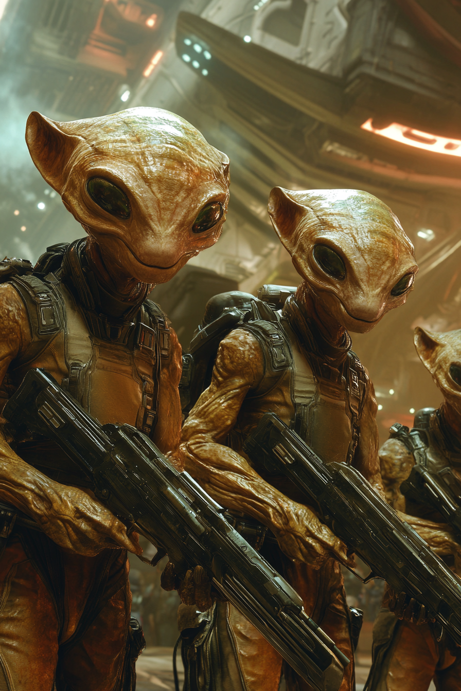 Group of humanoid alien soldiers with large eyes and textured skin, wearing tactical armor and holding futuristic weapons inside a high-tech spacecraft or space station.