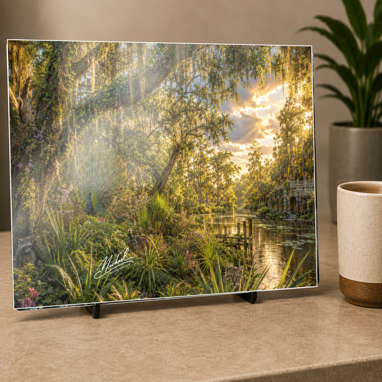 Hidden in Paradise | Florida Garden Wall Art, Peacock, Bobcat and Raccoon
