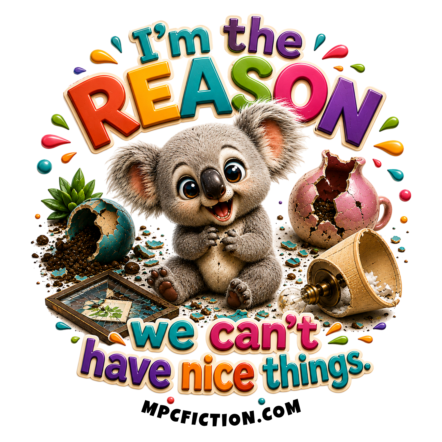 Sticker and magnet featuring a mischievous koala with the quote I'm the reason we can't have nice things