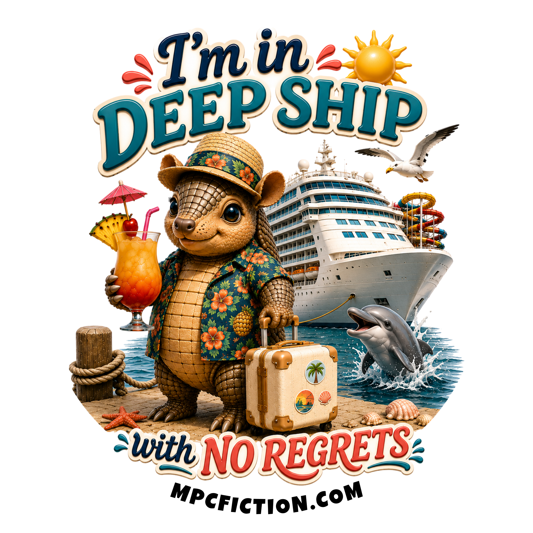 Cruise sticker and magnet featuring a dapper armadillo with luggage and a tropical drink and the quip I'm in Deep Ship with No Regrets
