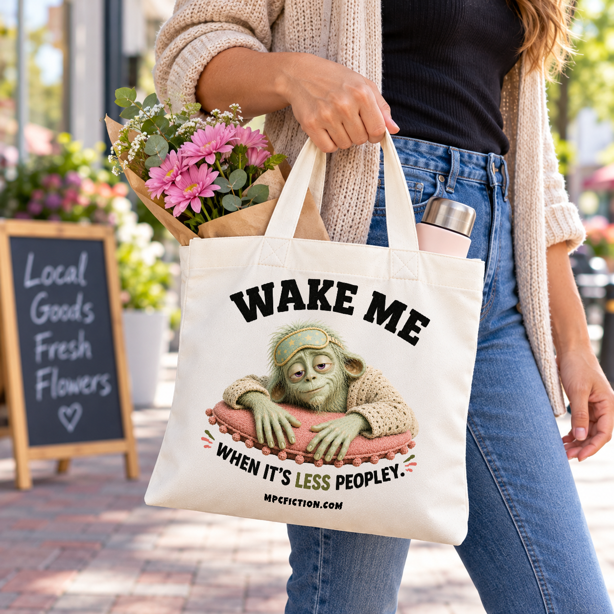 Wake Me When It's Less Peopley Funny Introvert Tote Bag – 13x13 Reusable Bag