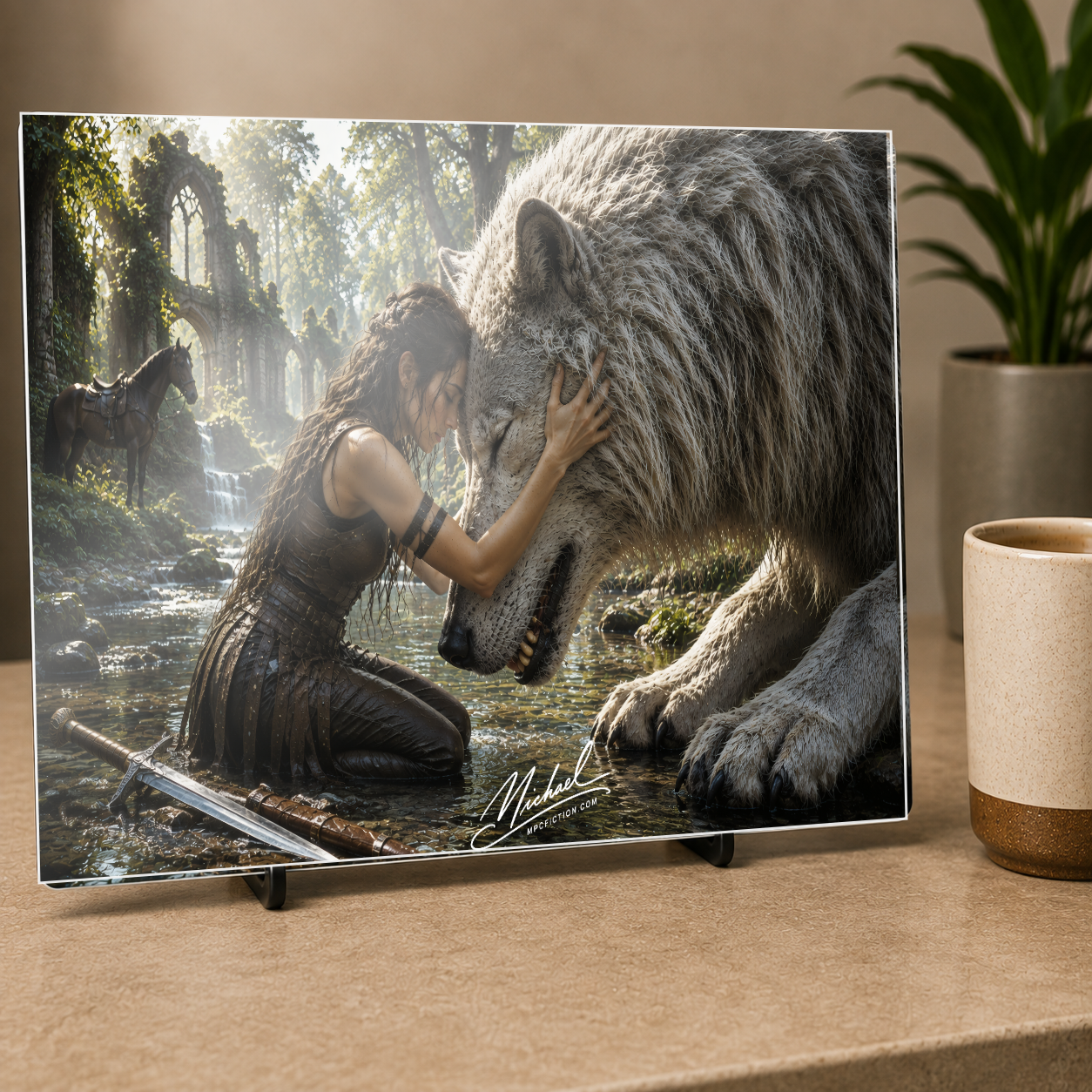 Last of Her Kind | Warrior and Giant White Wolf Fantasy Wall Art