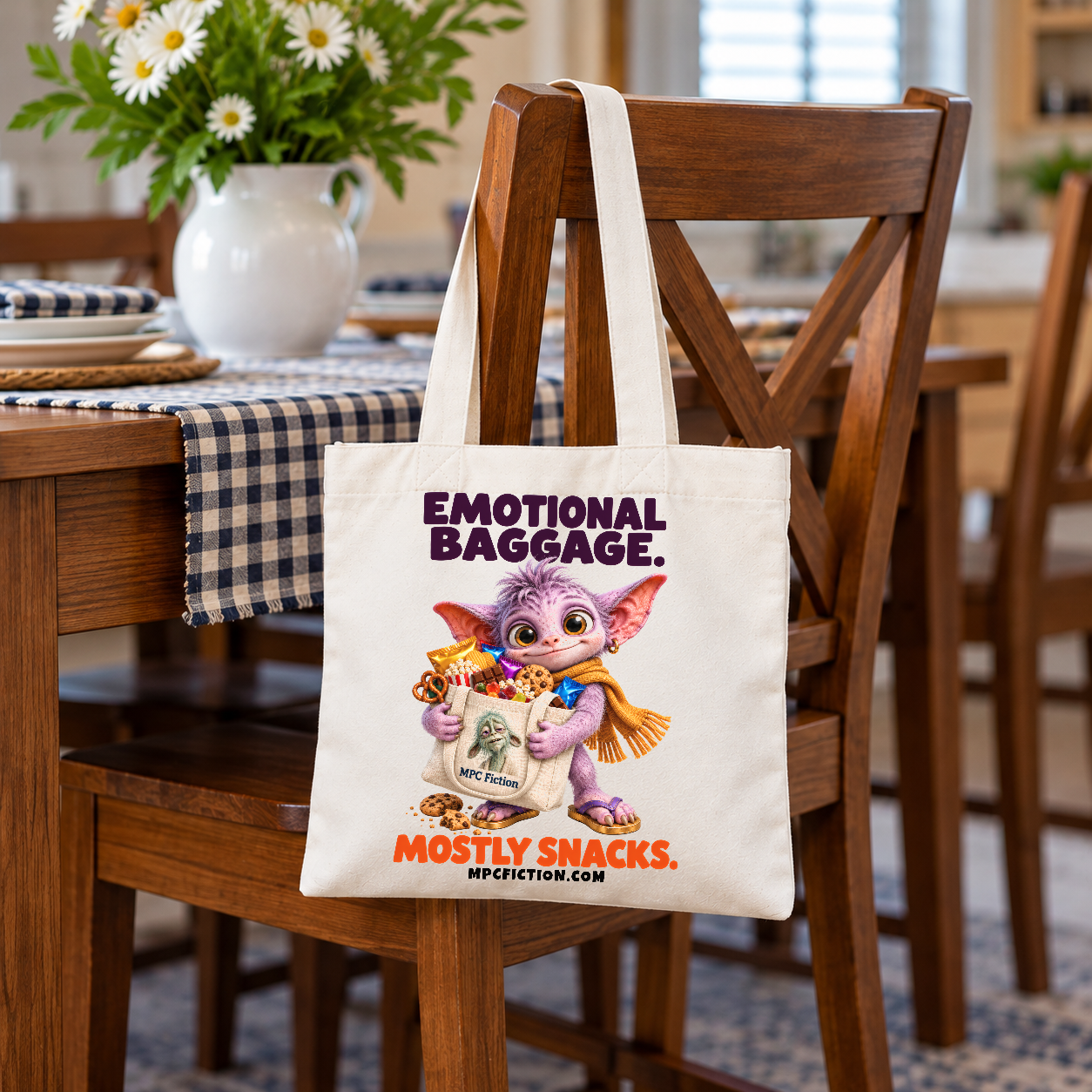 Emotional Baggage Mostly Snacks Funny Tote Bag – 13x13 Reusable Shopping Bag