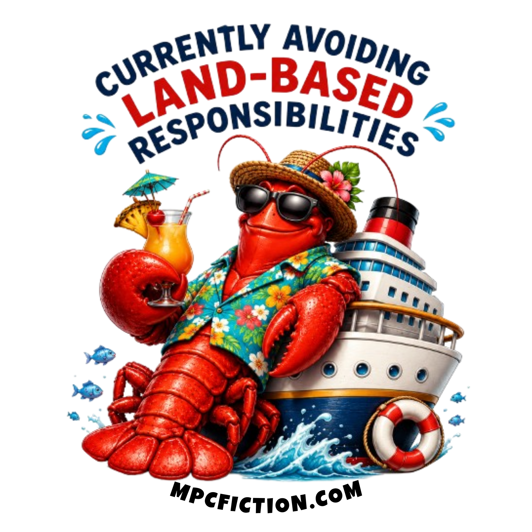 Cruise sticker and magnet featuring a lobster in a Hawaiian shirt holding a tropical cocktail with the funny cruise quip