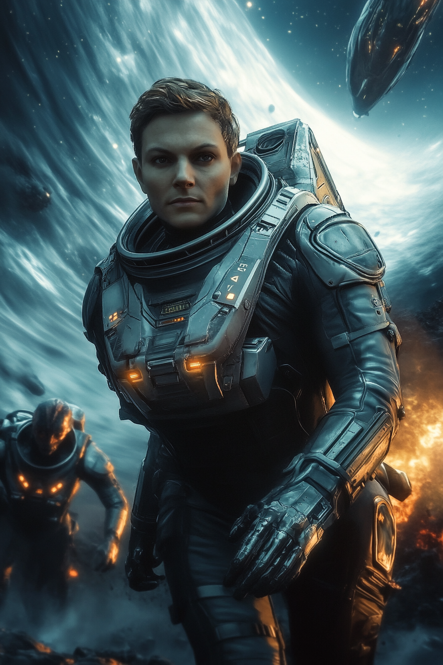 Determined astronaut in a high-tech space suit advancing through a cosmic battlefield, with teammates and exploding debris in the background near a massive planetary swirl.