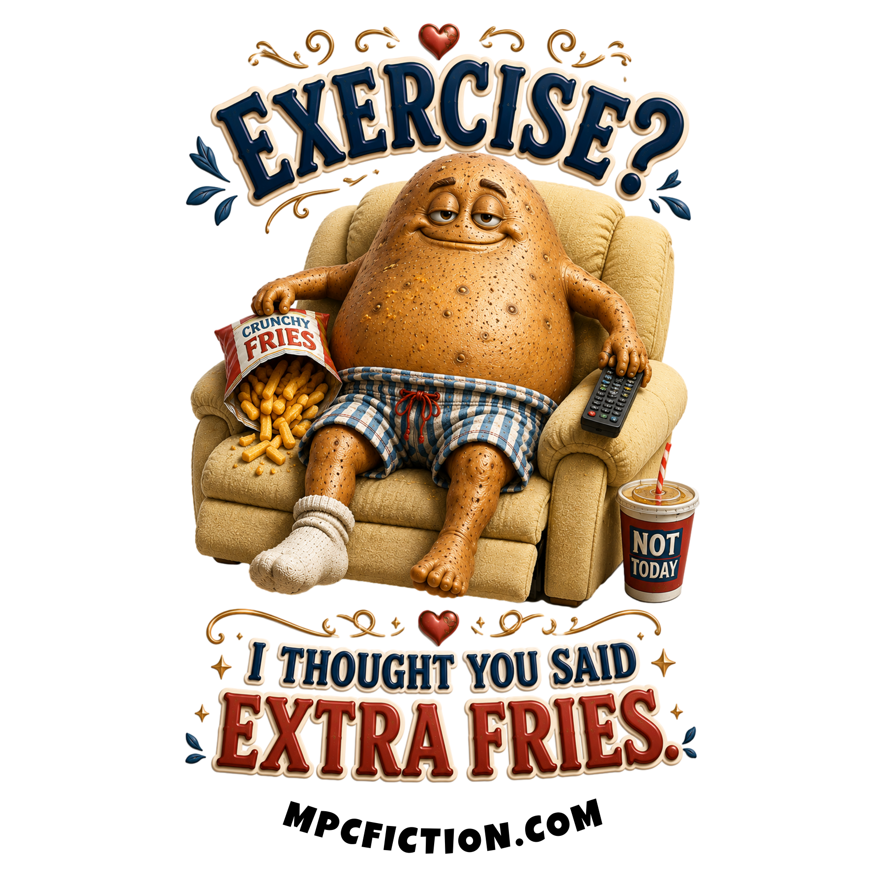 Vinyl sticker and magnet featuring a deeply relaxed potato in plaid boxers with snacks and a remote and the quip Couch Potato No Pants No Plans No Problem — a funny homebody gift