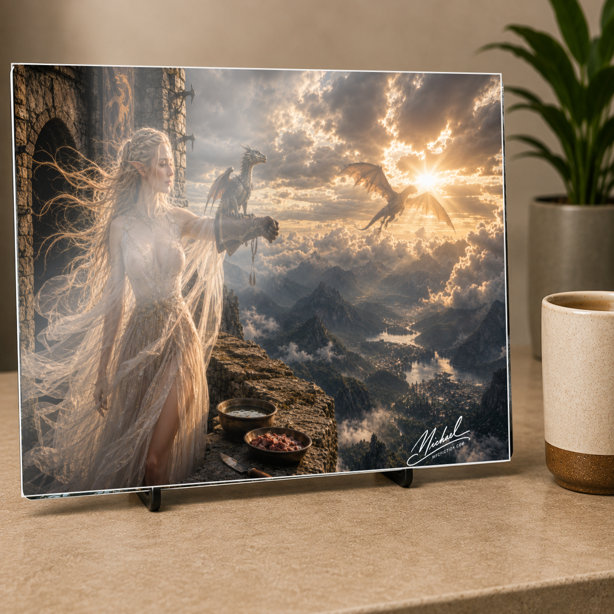 Keeper of Dragons | Fantasy Dragon Wall Art, Elven Woman and Mountain Kingdom
