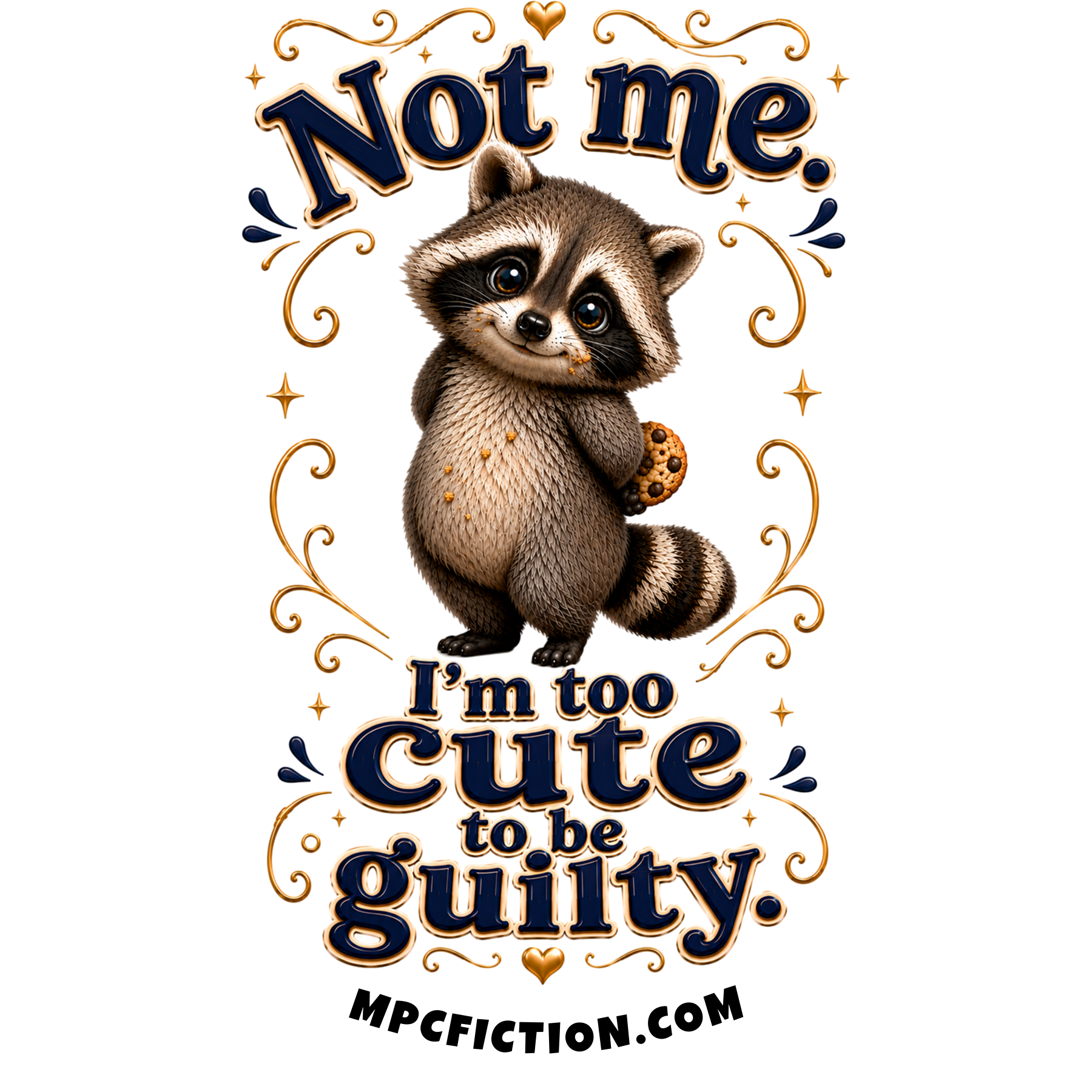 Vinyl sticker and magnet featuring a baby raccoon holding a cookie with the funny quip Cute Enough to Get Away With It — a great gift for raccoon lovers by Michael P. Clutton.