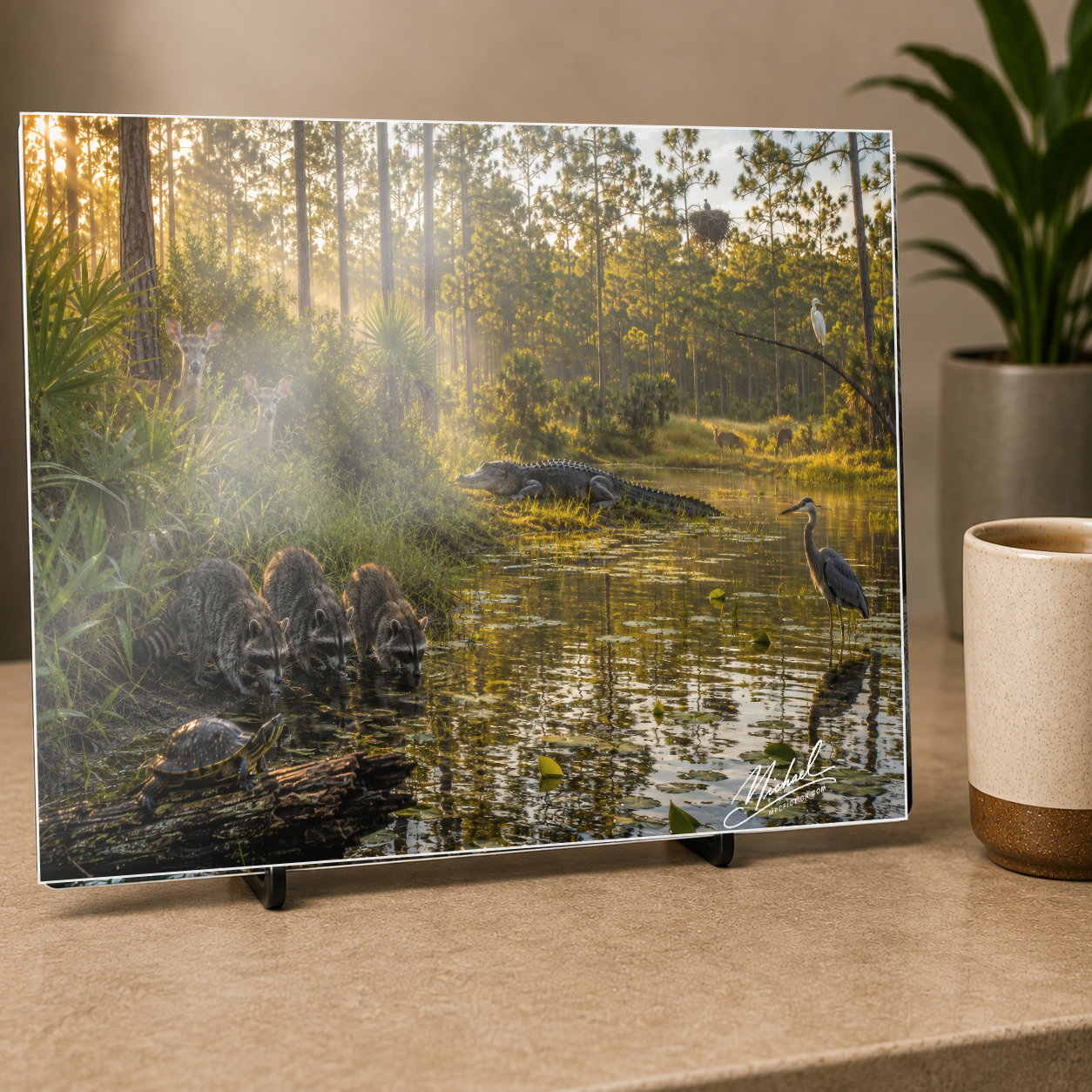 Gathering Place | Florida Wetlands Wildlife Wall Art, Alligator, Deer, Raccoons