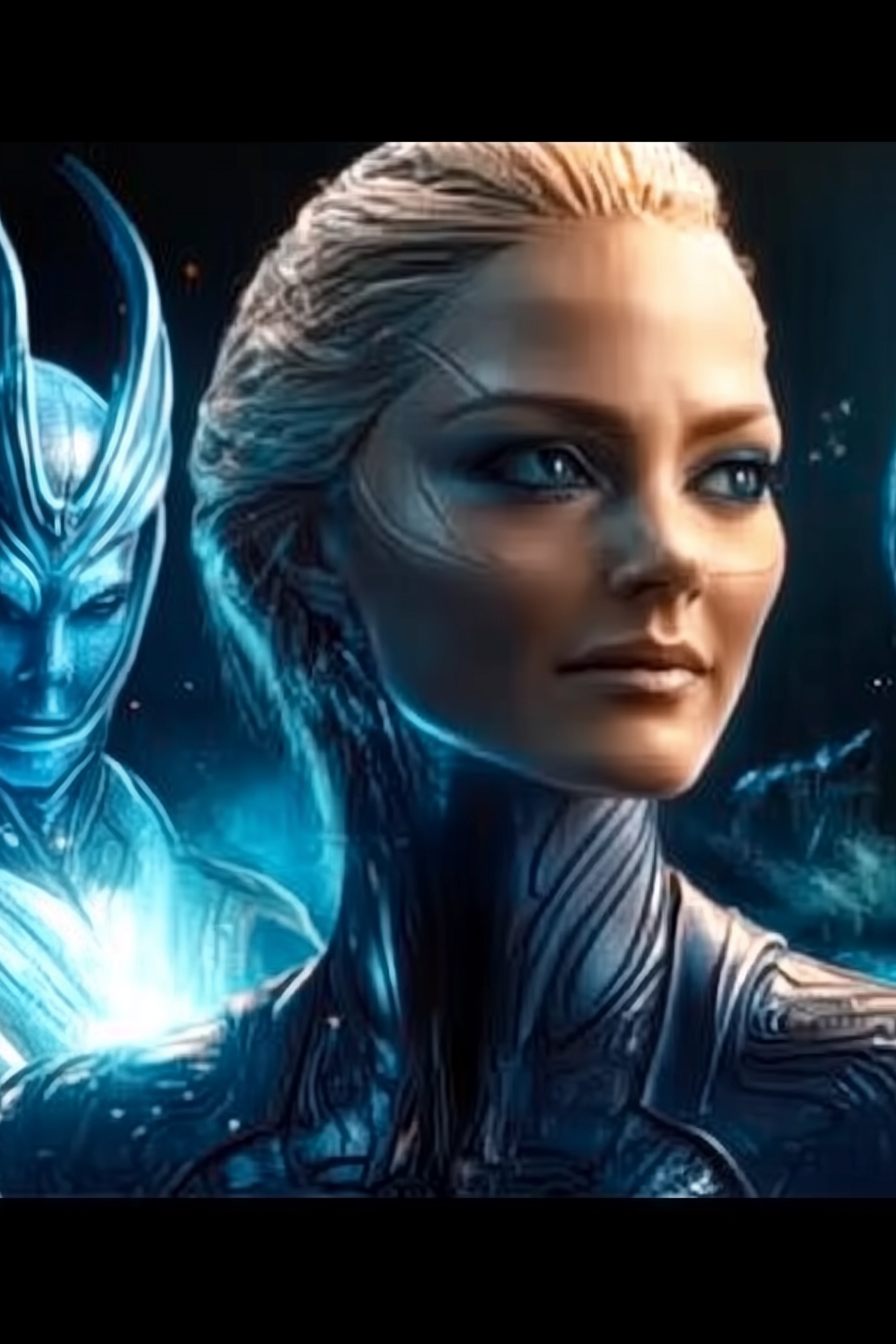 Close-up of a female crew member aboard the TSS Nexus, with a determined expression, set against the backdrop of an alien.