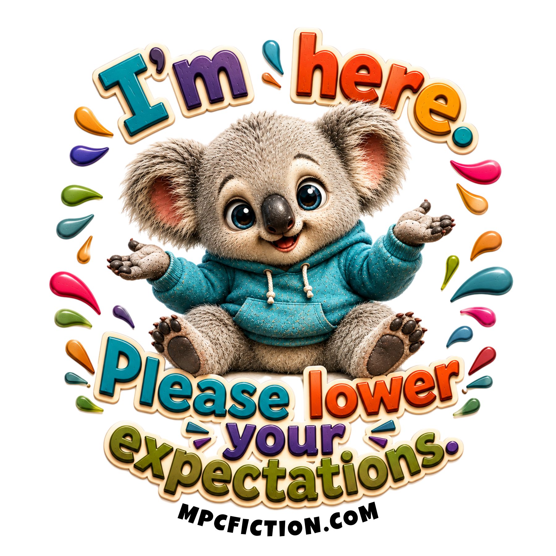 Sticker and magnet featuring a cute koala with the quote please lower your expectations