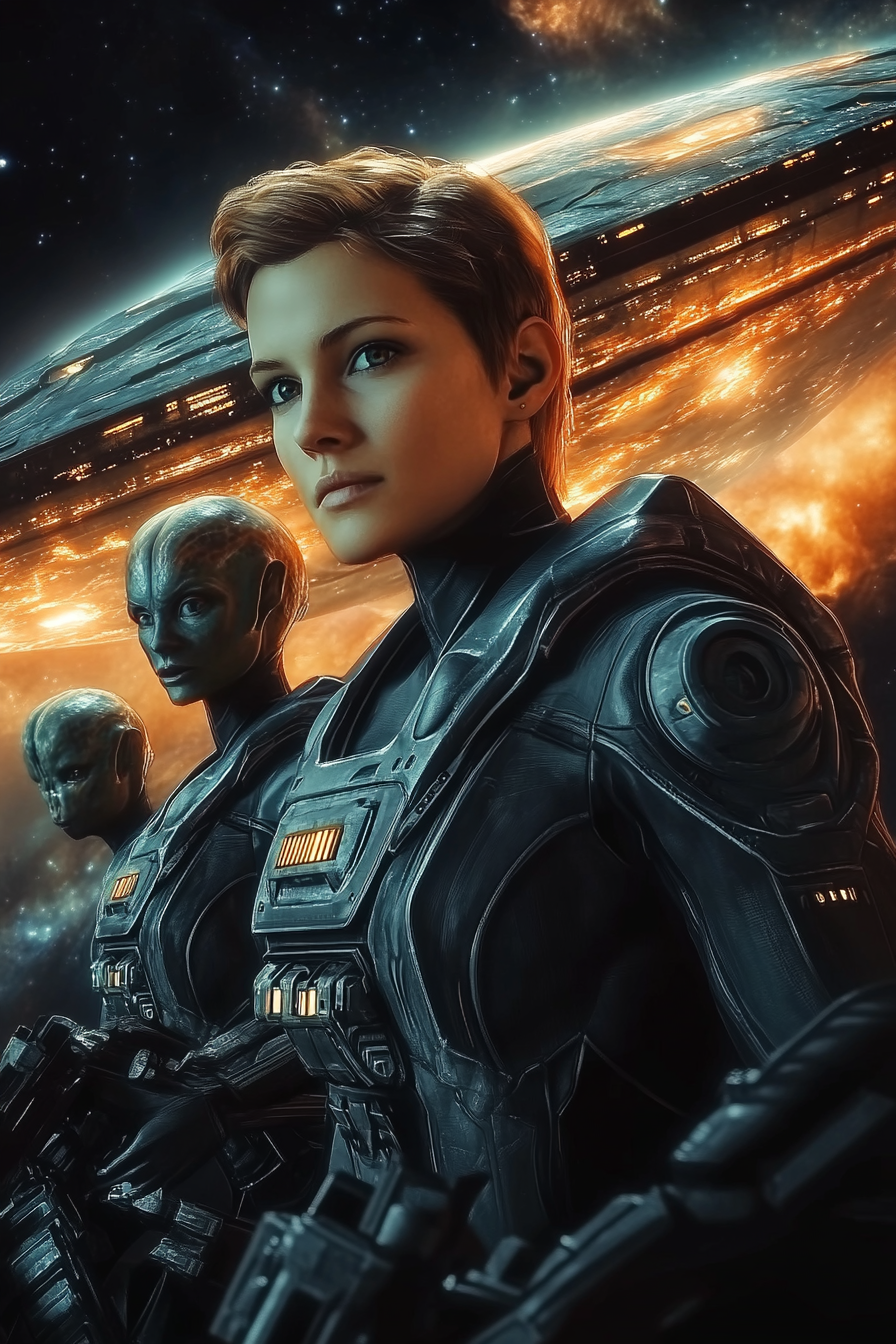 Female space commander and two alien soldiers in advanced combat suits, standing in formation with a glowing space station and stars in the background.