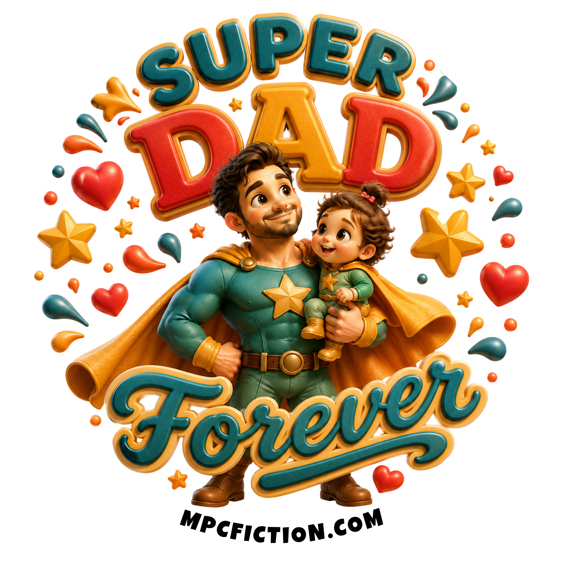 Sticker and magnet featuring a superhero-style design of a dad and child for Super Dad Forever