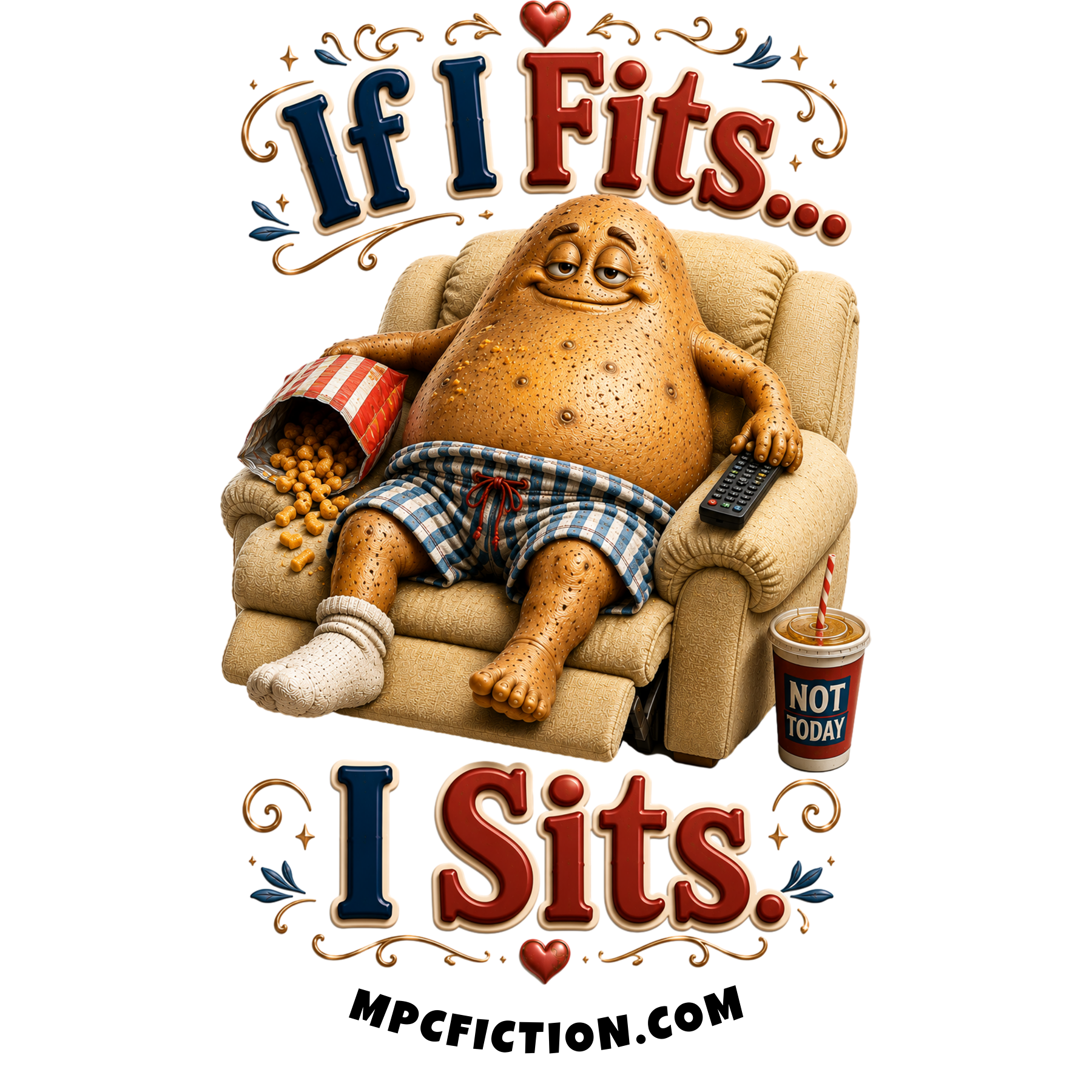Sticker and magnet featuring a recliner-loving potato mascot with the quote If I Fits I Sits