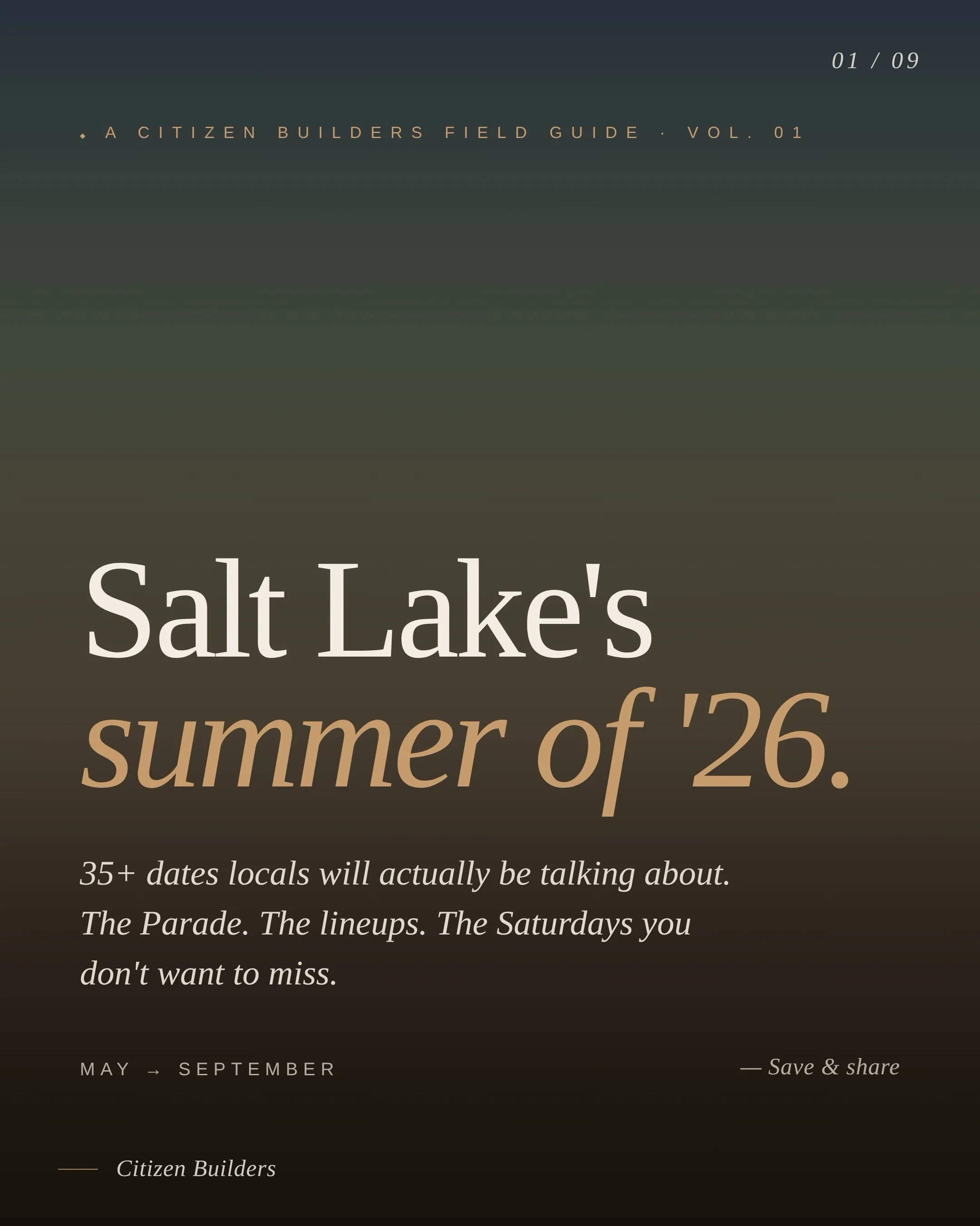 40+ dates locals will actually be talking about this summer.
Save this 📌
Comment &ldquo;SUMMER&rdquo; &mdash; full guide straight to your DMs.
@citizen.builders &middot; in the 80th Salt Lake Parade of Homes (July 31&ndash;Aug 15) 🏡
#saltlakecity #