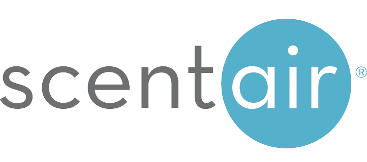 Logotipo que dice 'Scentair' con una esfera azul claro en el lado derecho con la palabra 'air' en su interior.