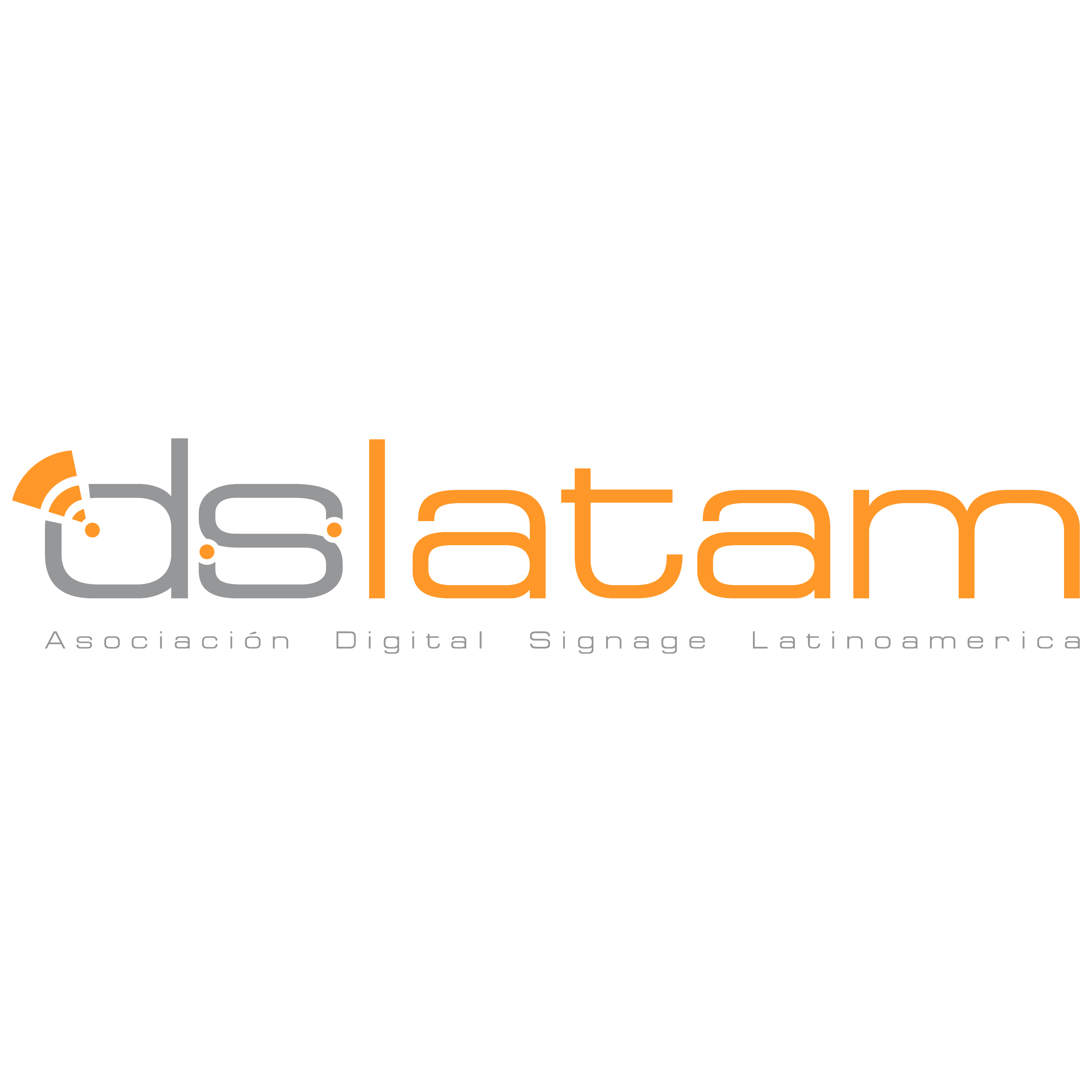 Logotipo de asociación digital de señalización latinoamericana con letras en gris y naranja y un símbolo de señal wifi en naranja.