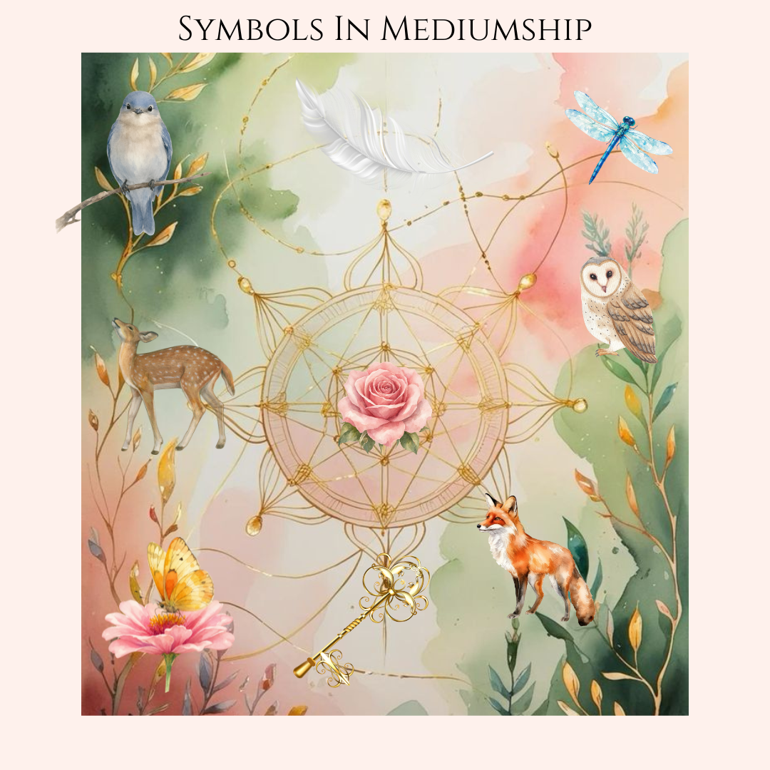 Illustration of various woodland animals and symbols around a central pink rose and golden dreamcatcher with a pastel-colored background.