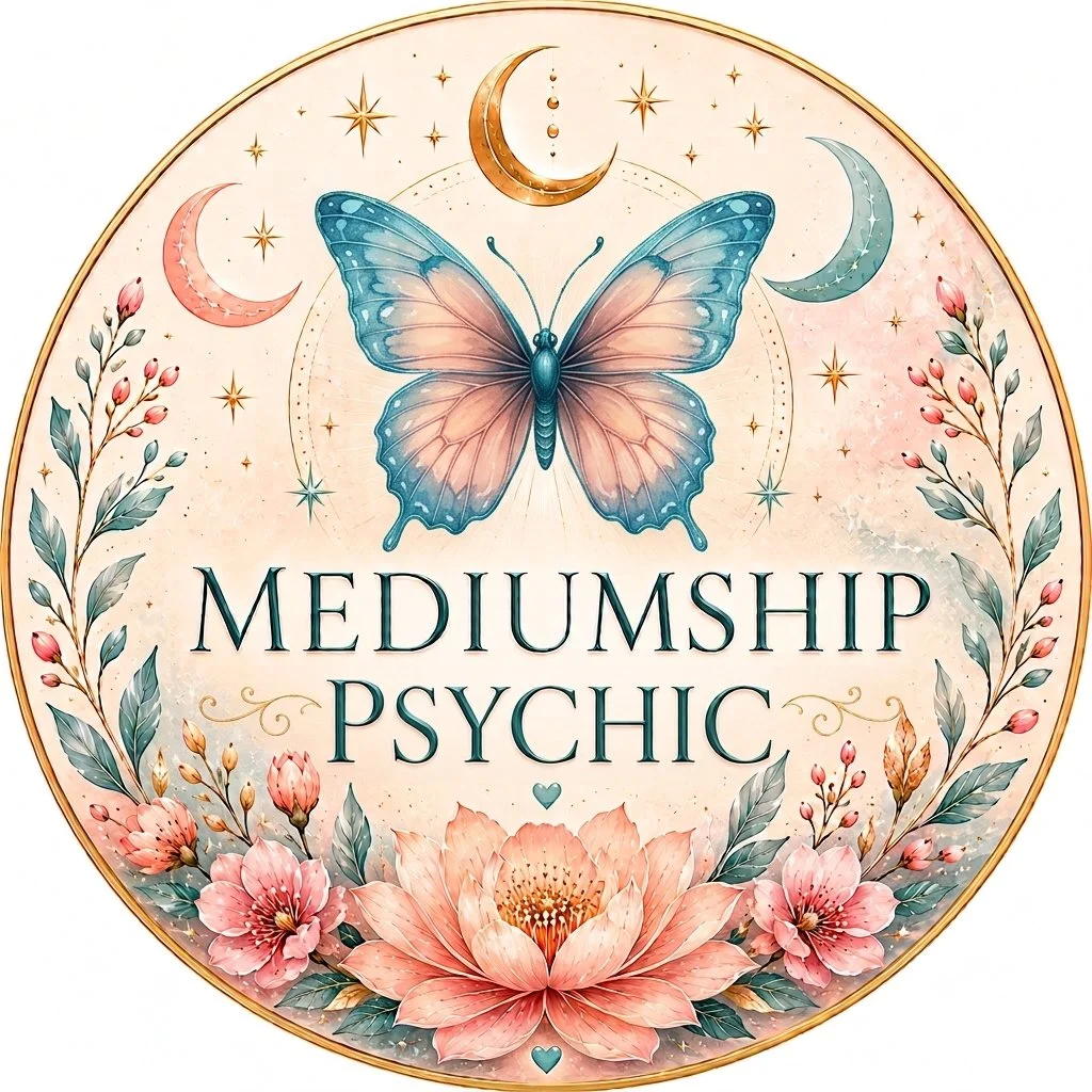 A decorative circular emblem with a central butterfly, floral elements, and celestial symbols including moons, stars, and crescent shapes. The text reads "Mediumship Psychic."