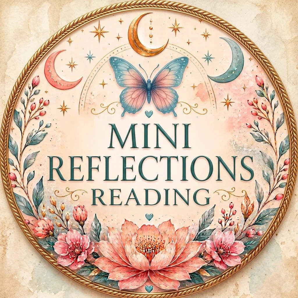 Decorative circular sign with floral and celestial design. Text reads 'Mini Reflections Reading,' featuring a butterfly, floral motifs, moons, and stars in pastel colors.