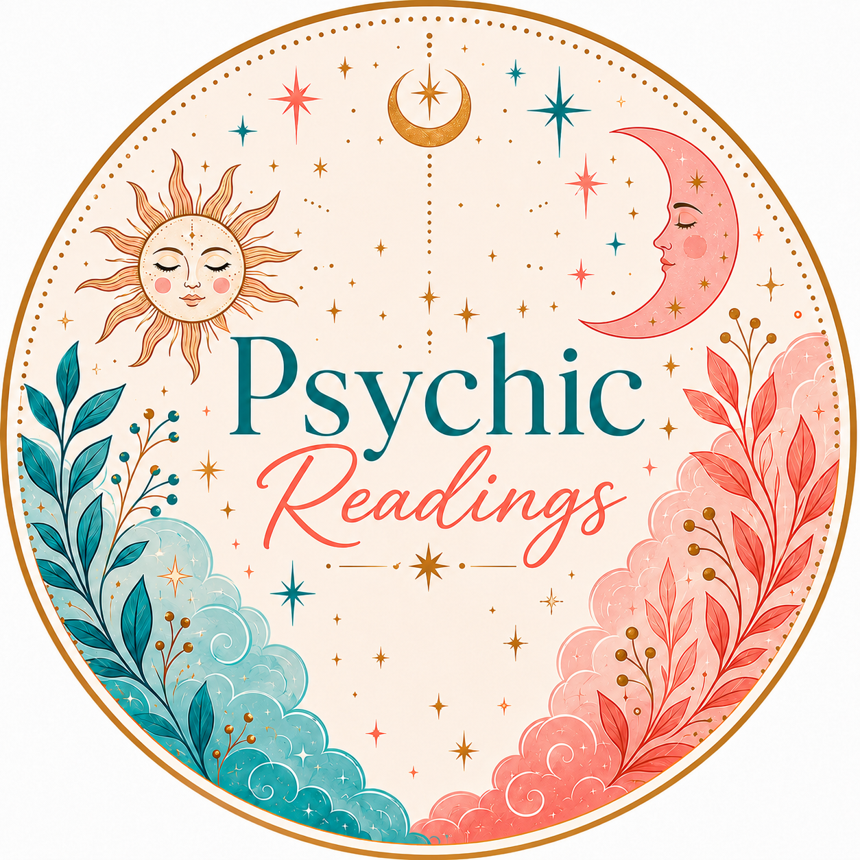 A decorated circular logo for psychic readings featuring illustrated sun and moon with faces, surrounded by stars and celestial elements, with text 'Psychic Readings' in the center.