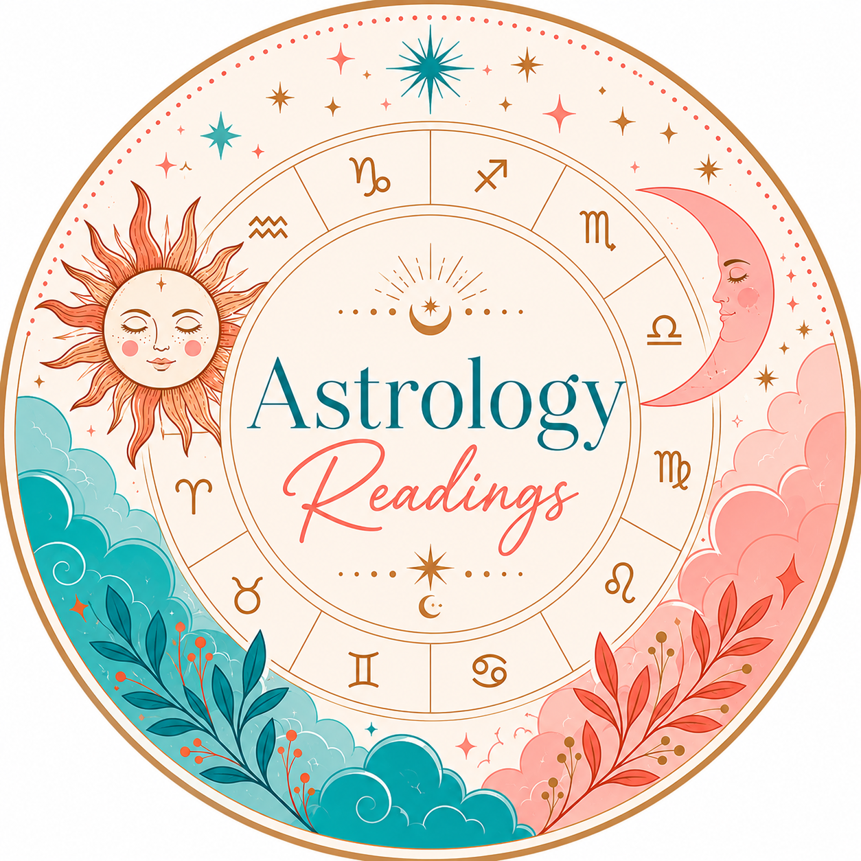 Colorful astrological chart with illustrations of the sun, moon, and zodiac signs, featuring text that reads "Astrology Readings."