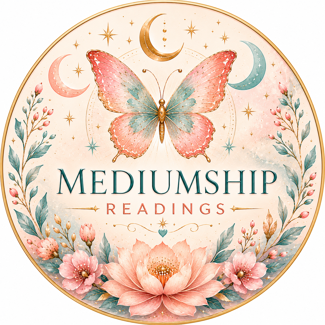 Decorative circular design with a pink and blue butterfly at the center, surrounded by pink flowers, green leaves, and crescent moons in pink and blue, with stars and gold accents, and the words 'Mediumship Readings' in elegant font.