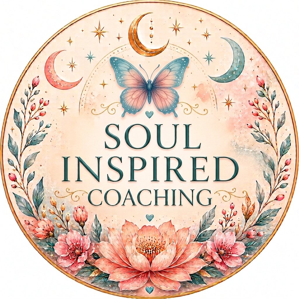 Decorative circular design featuring a blue butterfly, pink and green floral elements, moons and stars, and the text "Soul Inspired Coaching".