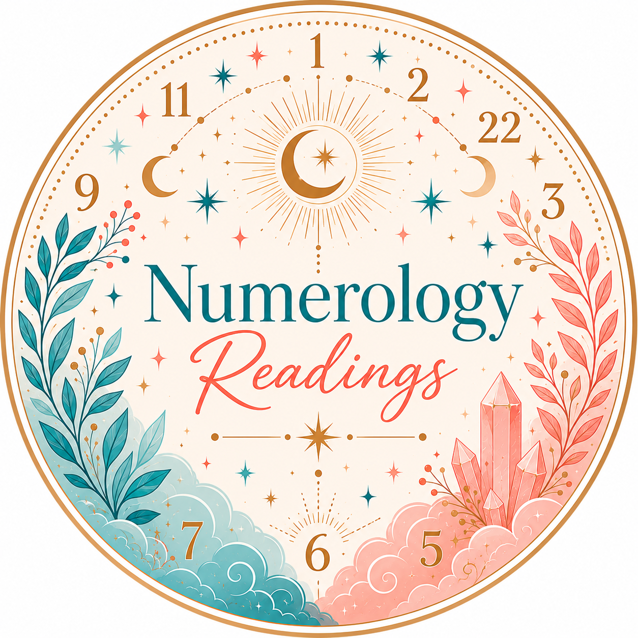 Decorative clock face with celestial and botanical design, containing the words 'Numerology Readings' in the center.