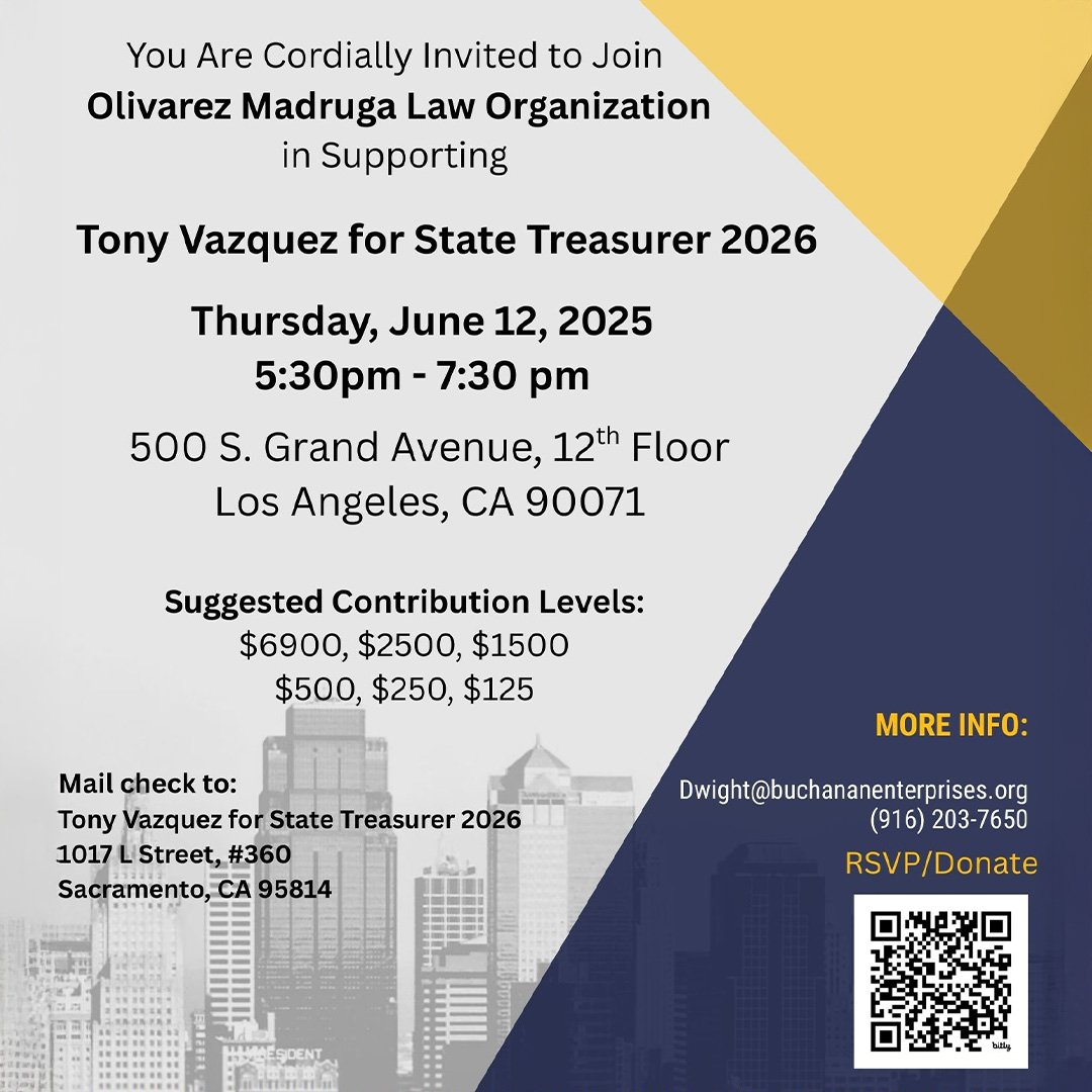 The next stop on the campaign trail is Downtown LA! Join us for a fundraiser on July 12th, hosted by the Olivarez Madruga Law Organization. I&rsquo;d love to see you there!