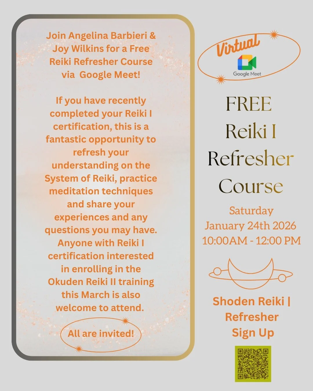 Join Angelina Barbieri &amp; Joy Wilkins for a Free Reiki Refresher Course via Google Meet.
@angelina_barbieri Reiki Master &amp; @massagejoy are very excited to host an online Reiki I Refresher for our students. We are opening this up to all that ha