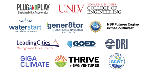 A collage of logos from various organizations and initiatives, including Plug and Play, UNLV College of Engineering, WaterStart, Gener8tor, NSF, Leading Cities, GOED, DRI, Giga Climate, THRIVE by SVG Ventures, and GCWT.