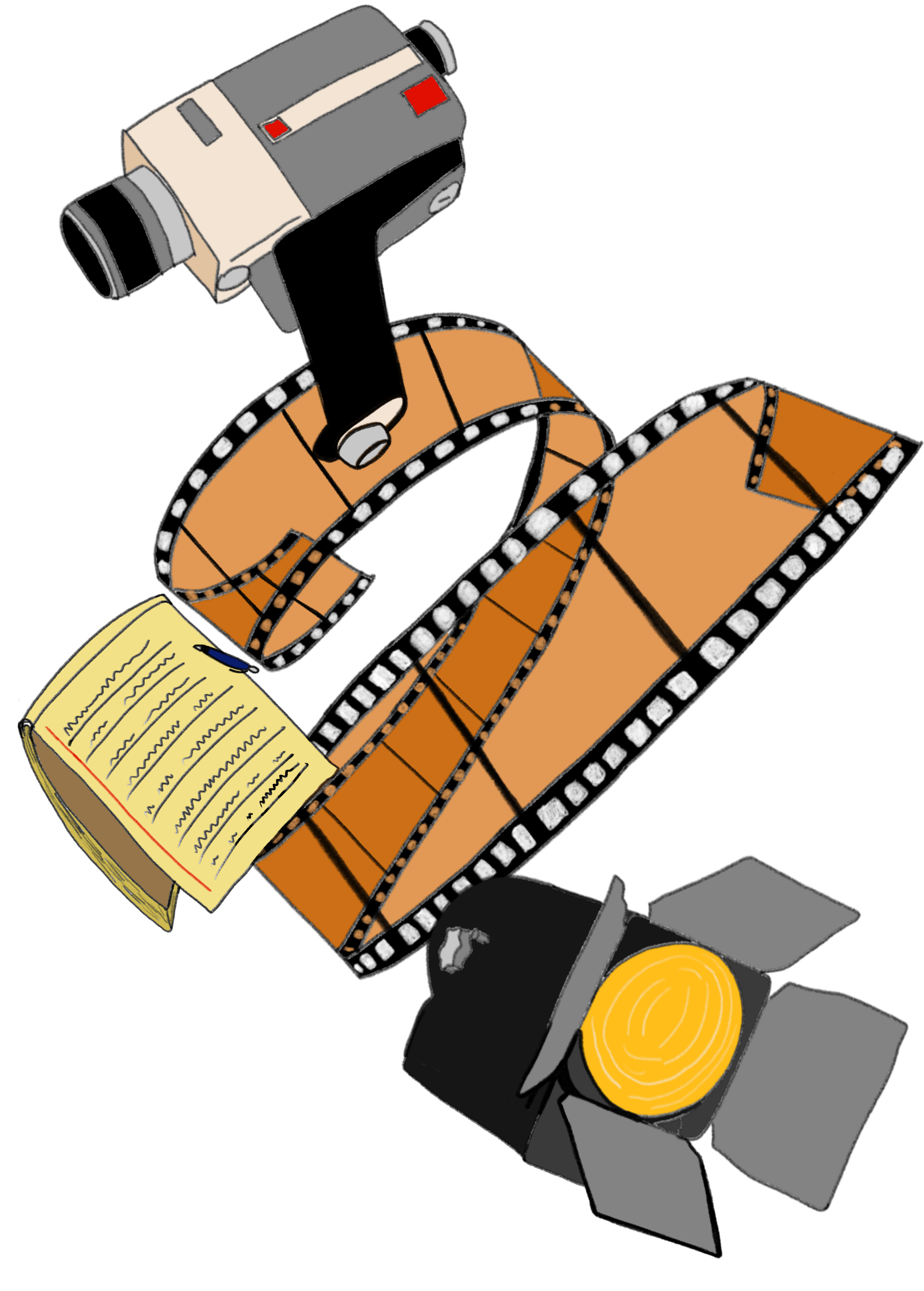 Collection of filmmaking tools including a script, video camera, film strip, and lighting equipment.
