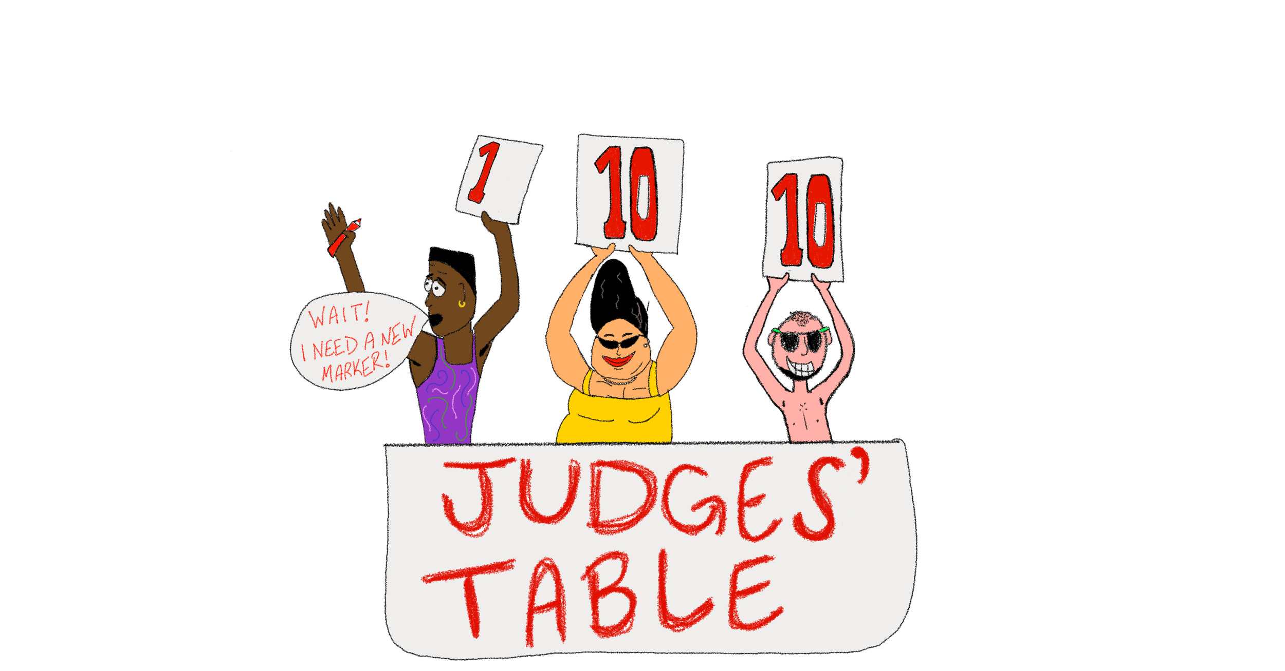 Three cartoon panel judges holding scorecards. Two of them are holding scores of 10, and the remaining judge has a score of 1, but through a speech bubble we learn he simply needs a new marker so he can continue writing a score of 10.