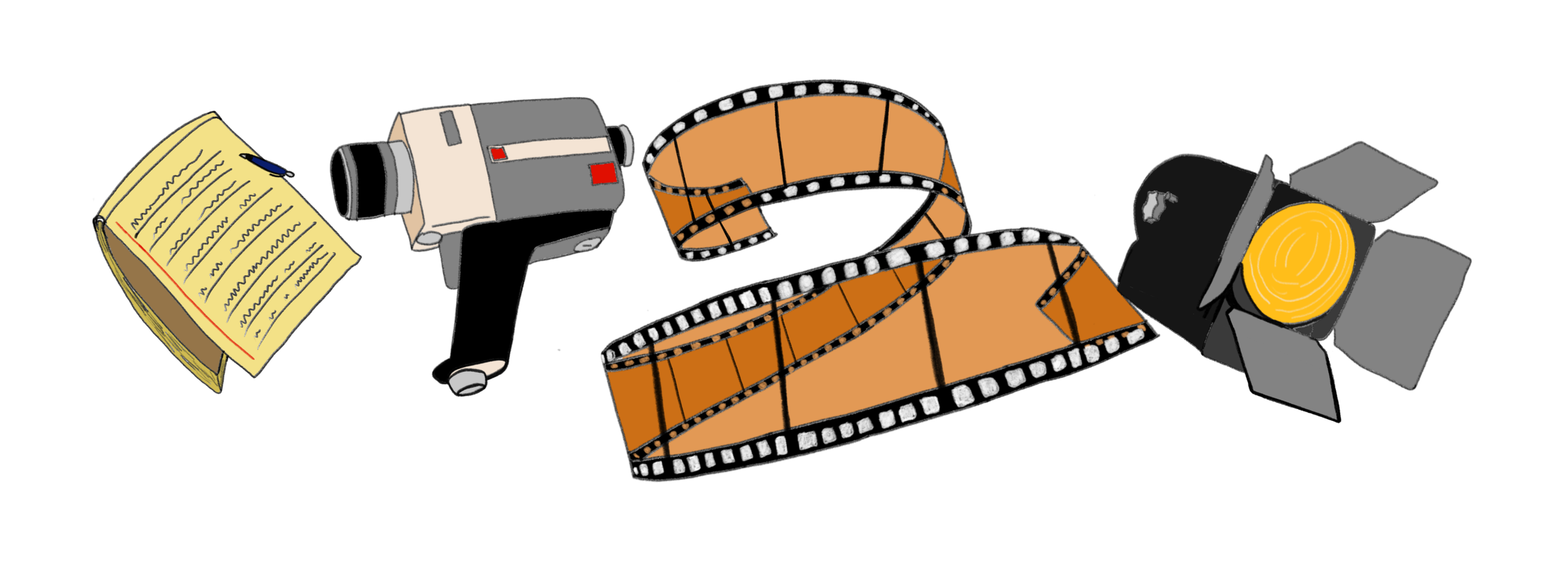 Collection of filmmaking tools including a script, video camera, film strip, and lighting equipment.