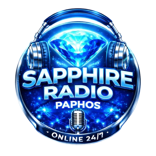 Logo for Sapphire Radio Paphos featuring a diamond, headphones, a microphone, and the text "Sapphire Radio Paphos Online 24/7" with a starry blue background.