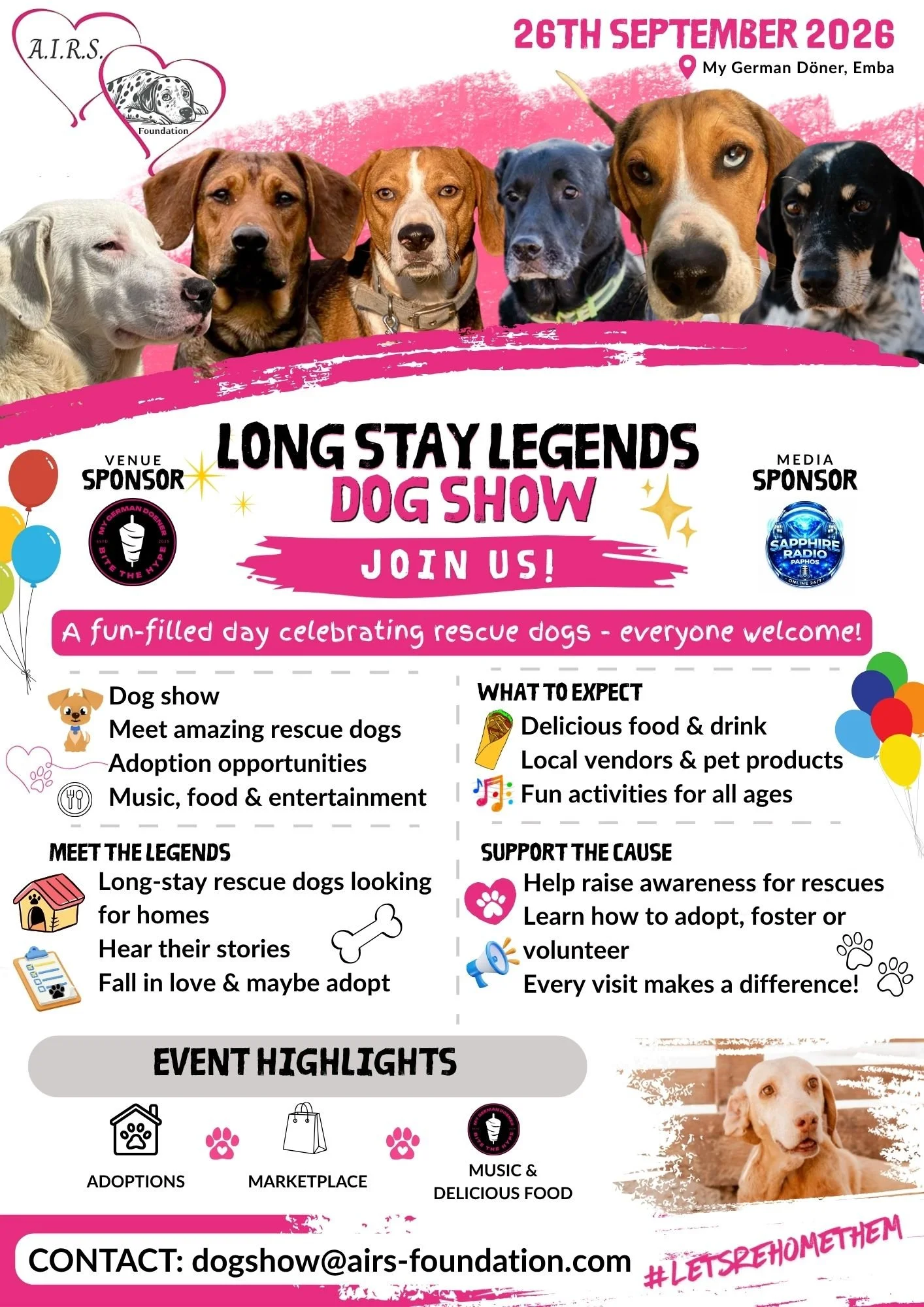 Poster advertising the Long Stay Legends Dog Show on September 26, 2026, at My German Döner, Emba, featuring images of seven dogs, event details, sponsors, and activities like meet the rescue dogs, adoption, and charity support.