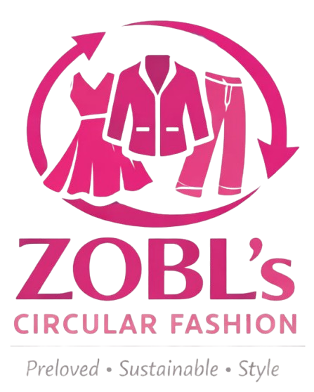 Logo for Zobi's Circular Fashion featuring a pink circular arrow around three pink clothing items: a dress, a blazer, and a pair of pants. The text reads 'Zobi's Circular Fashion' with a tagline 'Preloved — Sustainable — Style'.