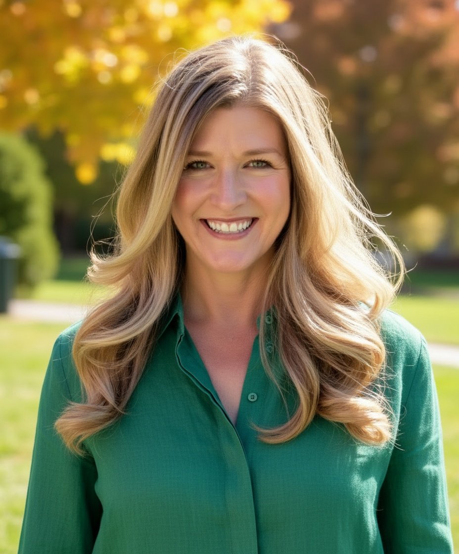 Meet Gail, a female presenting person with short grey hair. Gail is wearing a royal blue shirt with a black cardigan overtop.