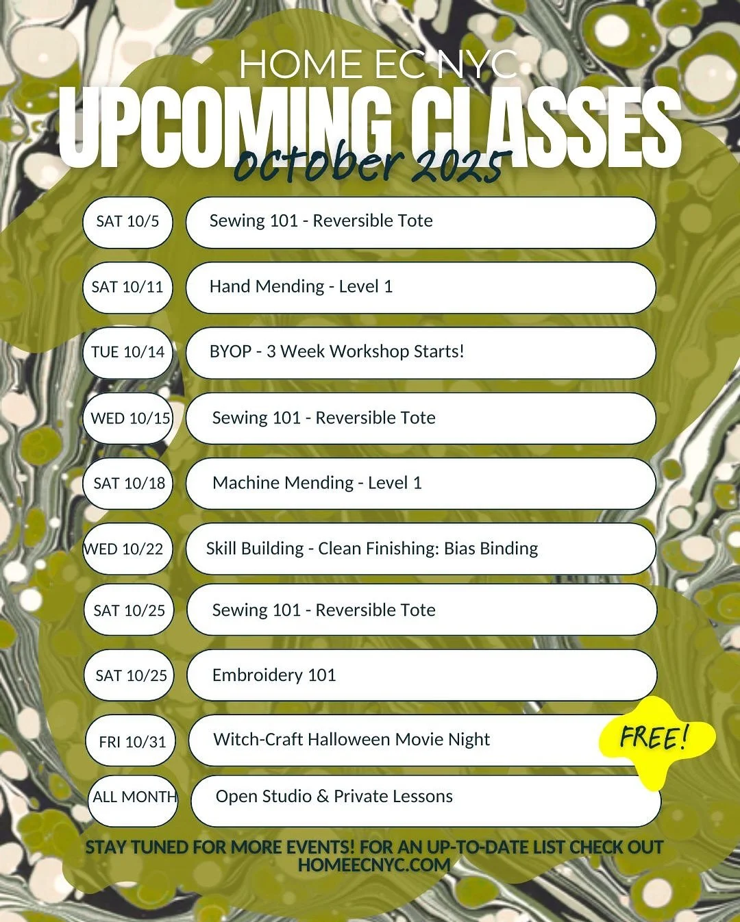 Keeping you updated on all the things on the calendar for the studio! Stay tuned while I continue to fill in some more fun! 

As always check out the website homeecnyc.com for the latest and most up to date! 

#learntosew #thingstodonyc #sewing #craf