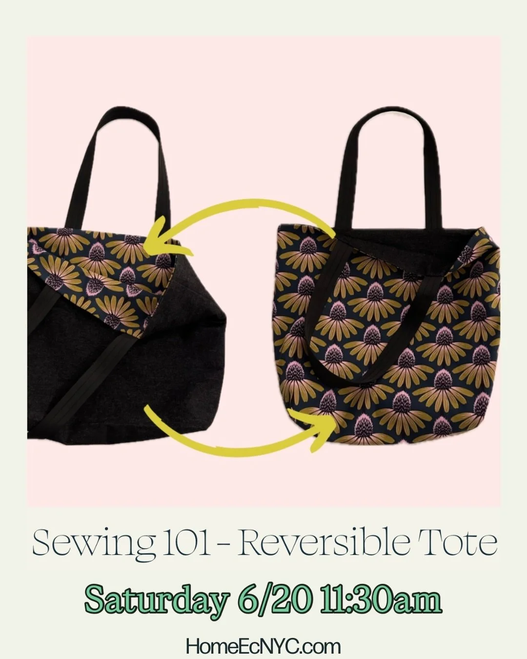 It's time... come learn to sew! 

Sewing 101 &ndash; Reversible Tote is a 3-hour beginner sewing class. By the end, you&rsquo;ll complete your own reversible tote bag to flip, reverse, and take home with pride! 

🦆Check out all class details using l