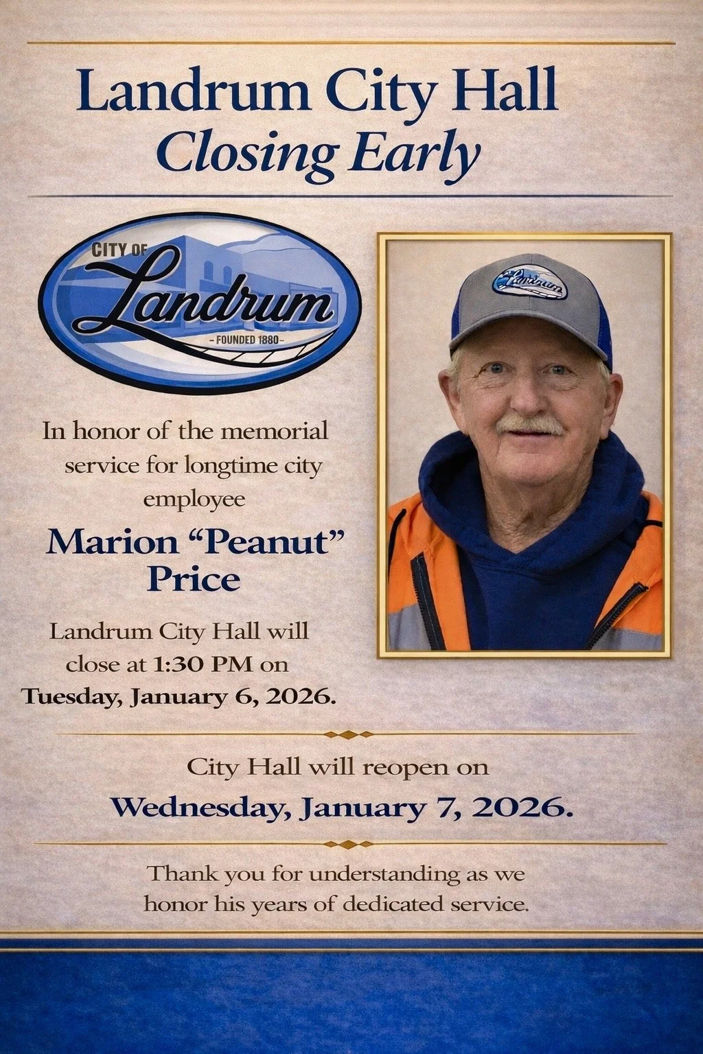 MEMORIAL SERVICE FOR MARION “PEANUT” PRICE, TUESDAY, JANUARY 6, 2025