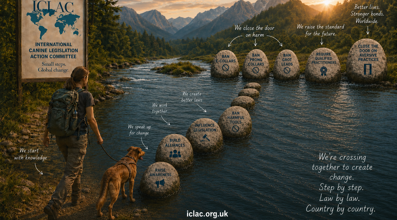 The International Canine Legislation Action Committee based in the UK, promotes ethical practices. ICLAC and the Institute of Canine Psychotherapy have the mutual goal of eliminating harmful practices in dog training and behavior.