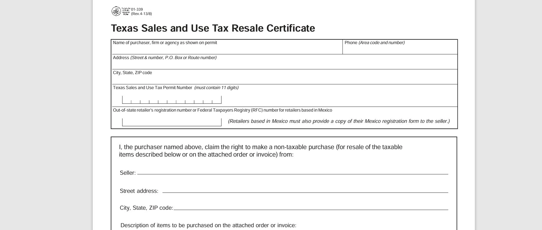 Texas Sales and Use Tax Resale Certificate form with fields for purchaser's name, address, phone, permit number, out-of-state retailer registration number, seller's information, and description of items to be purchased.