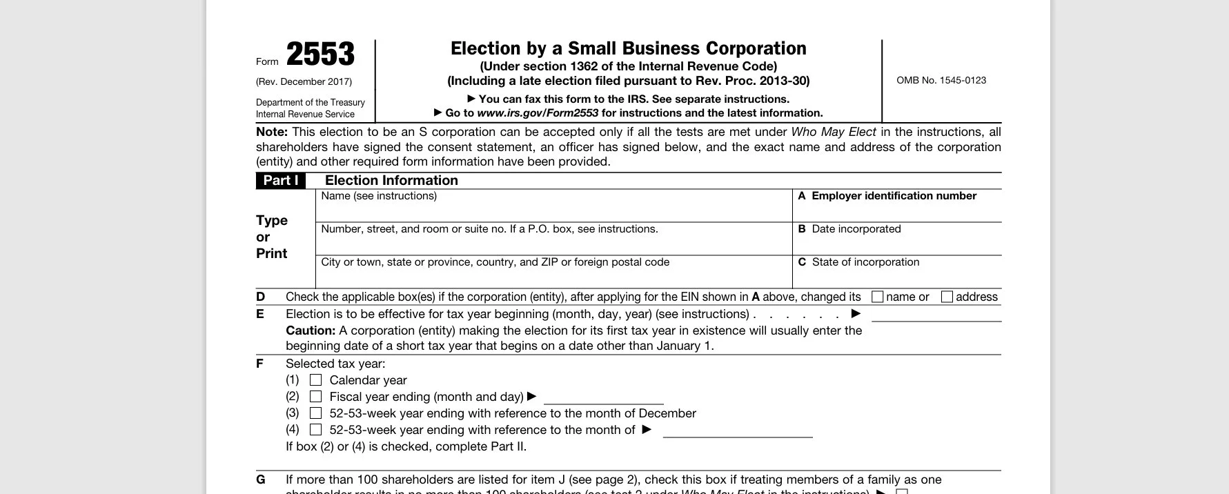 A scanned IRS election form titled '2553 Election by a Small Business Corporation,' dated December 2017, with sections for business and election information, including name, address, employer identification number, date incorporated, and tax year selection.