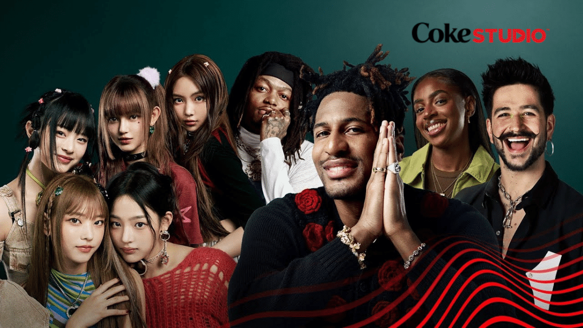 Group of eight young adults posing for a photo with a green background, featuring the Coke Studio logo in the upper right corner.