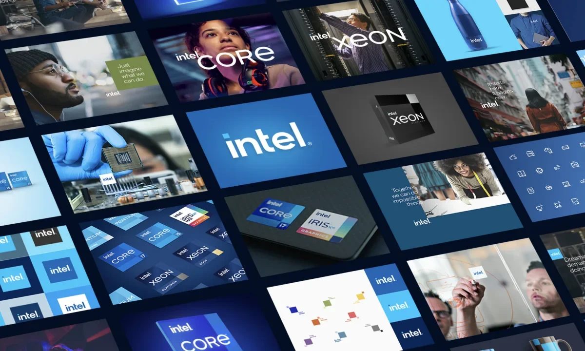 Collage of various Intel advertisements, product logos, and promotional images for Intel's processors and technology.